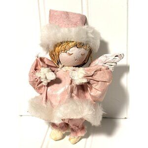 Vtg Paper Mache Christmas Ornament Angel Girl Figurine Pink Faux Fur 6”